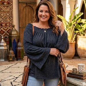 J.McLaughlin Womens Small Navy Blue Smocked Off Shoulder Bell Sleeve Top Boho